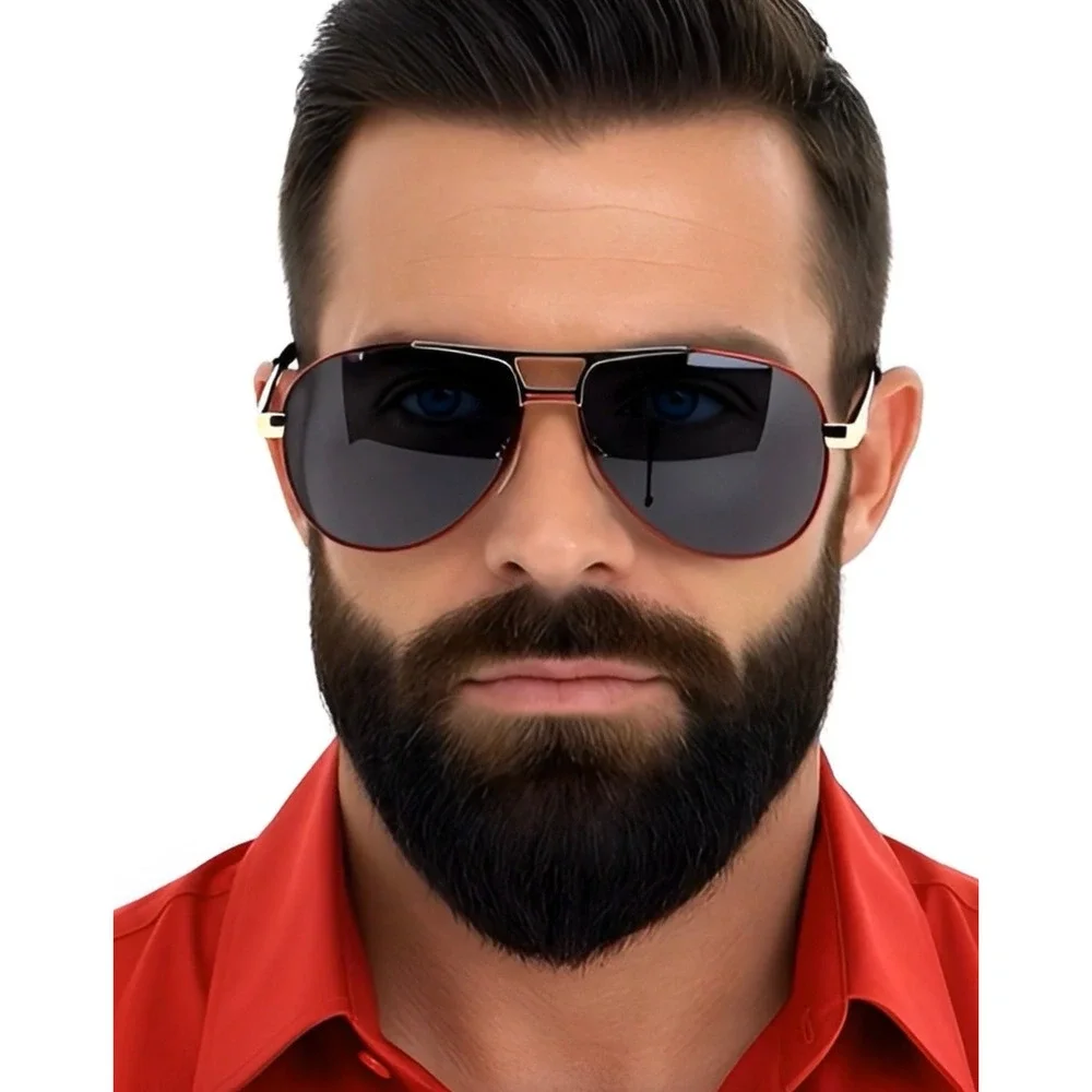 Mens Aviator Sunglasses Red Gold‎ Frame Dark Lens Metal Full Rim Polarized Gafas